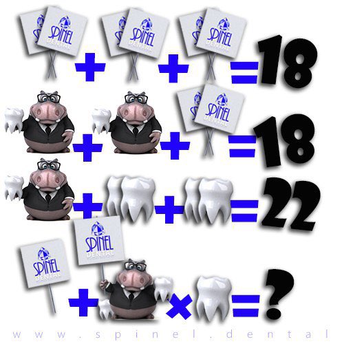 SpinelDental's tweet image. Can you answer this #mathchallenge ?
Only a #genius with healthy mouth and teeth can answer! (98% fail) 😜
We choose one genius answer and give a free #zoom professional teeth whitening!… Find answer here instagram.com/p/BqojOqqHnsd/…