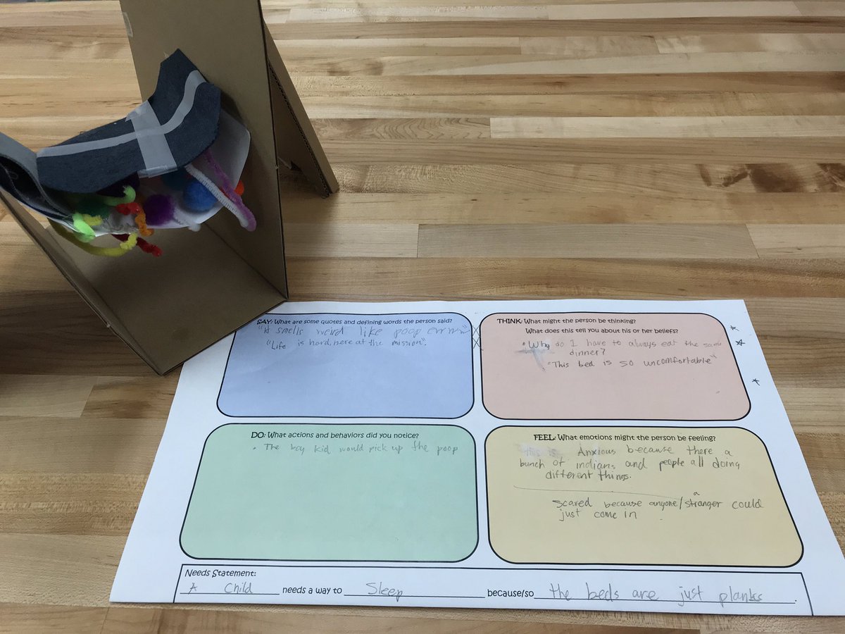 makermrspfaff's tweet photo. 4th grade Ss use Design Thinking to show understanding of life in the CA missions. Empathize, Define, Ideate, Prototype. 1: hammock for a child who needs a comfortable place to sleep 2: chair for a priest who needs to relax. #DesignThinking #MakerSpace #MCSK8 https://t.co/aE6vPzBksj
