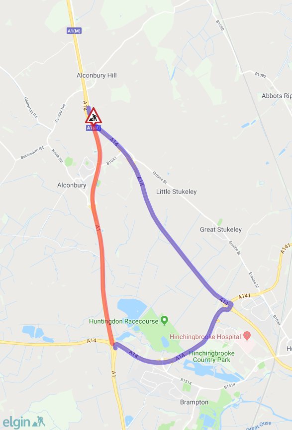 Cambs_Traffic's tweet photo. ⛔A1 CLOSED ALL WEEKEND⛔
#A1 southbound from #A1M J14 (#Alconbury) to A14 J21 (Brampton Hut) is CLOSED CONTINUOUSLY until 6am tomorrow due to works by @A14C2H.
Diversion via #A14 J23 (#Spittals) - expect LONG DELAYS.
https://t.co/YVSpGQxW5E https://t.co/GxdHB1Xa3O