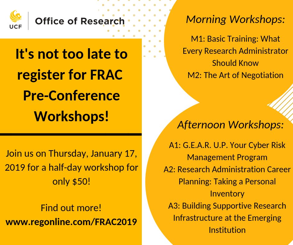 fracucf's tweet photo. Take a look at our workshops! Register online at https://t.co/0GglhgBxoG

#FRAC #Researchadmin #researchadministration #research #Orlandoconference #conference #FRAC2019 #researchadminconference https://t.co/YqU74iUtSC