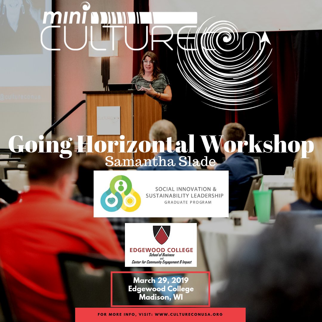 CultureConUSA's tweet photo. ANNOUNCEMENT: #CultureConUSA '18 Keynote, @sam5 of @Percolab_ , will be returning to Madison to lead the 'Going Horizontal' Workshop at @EdgewoodCollege @EdgewoodBusines. We'll even throw in a free ticket to #MiniCultureConMSN. Reserve your spot today: https://t.co/LzaBETD3ng https://t.co/4Jvz1S3lpE