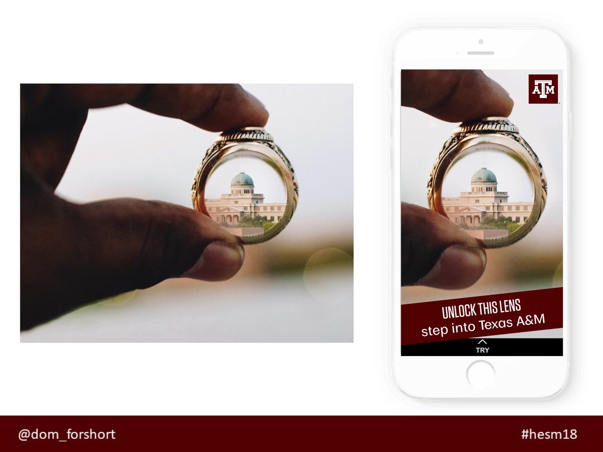 karinejoly's tweet photo. Wow, the Snapchat lense @TAMU created for prospective students to step into the campus is definitely NOT your regular recruitment ad.

#hesm18 #hesm #casemc #emchat #pseweb https://t.co/qn0NbGhq3L