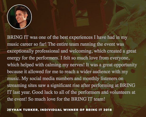 RBCgap's tweet photo. Check out what @JeyhanTurker said about competing in #BRINGIT2019 last year. #BRINGIT2019 is an awesome opportunity to showcase your talent for FREE and have the chance to win the top prizes of $1000 or $3000. Go to https://t.co/gP8wvJ6E0Y to submit your audition TODAY https://t.co/CFIz5L6bFV
