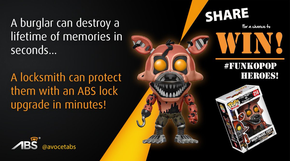 avocetabs's tweet photo. #StayHomeSecure & #WIN with our #darknights #TweetFacts
A BURGLAR CAN DESTROY A LIFETIME OF MEMORIES IN SECONDS…
Just #follow & #retweet to be in w/ a chance of #winning Nightmare Foxy from 5 Nights at Freddy's.
#LocksWithHeart #Competition #Prize #Funkopop @originalfunko https://t.co/LoKBE0su9Q