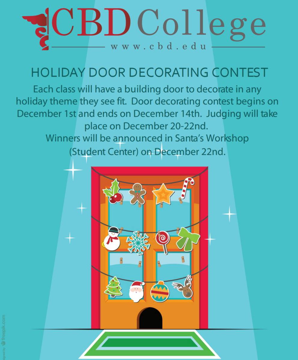 cbdcollege1's tweet photo. Let the Holiday door decorating begin!! Starting December 1st, get creative and deck out your doors for a chance to win the annual Holiday Door Decorating contest! 
.
.
.
#cbdcollege #cbdstudents #doordeco #holidaydecorations #holidayspirit #contest #deckthehalls #deckthedoors https://t.co/Jbh0GP91qr