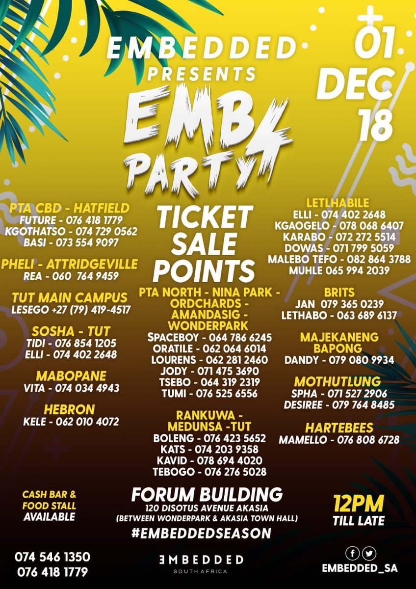 NitelifePartyCa's tweet photo. THβ¬οΈS WEEK
β
ππ₯πΎ @EMBEDDED_SA Presents #EMBparty4 with @FrankCasino_ x @FOCALISTIC x @juniortaurus & MANY MORE
β
π
01Dec β18
π Forum Building, Akasia, PTA
π« Ticket Sale Points
β
Contact Us & Ride The Nitelifeππ:
βοΈ info@nitelifepartycabs.co.za
π±084 758 7388 https://t.co/4RPhhUuiD5