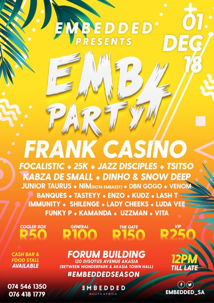 NitelifePartyCa's tweet photo. THβ¬οΈS WEEK
β
ππ₯πΎ @EMBEDDED_SA Presents #EMBparty4 with @FrankCasino_ x @FOCALISTIC x @juniortaurus & MANY MORE
β
π
01Dec β18
π Forum Building, Akasia, PTA
π« Ticket Sale Points
β
Contact Us & Ride The Nitelifeππ:
βοΈ info@nitelifepartycabs.co.za
π±084 758 7388 https://t.co/4RPhhUuiD5