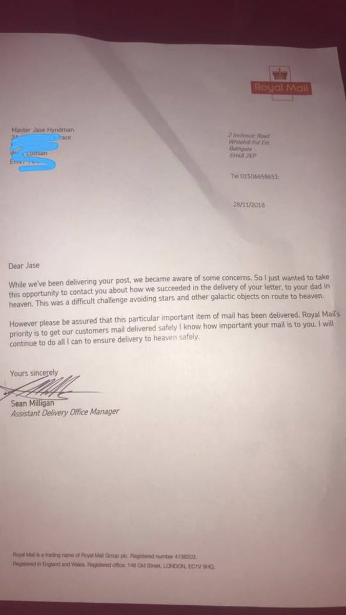 This little boy wanted @RoyalMail to deliver a letter to his Dad in Heaven. Look how they responded! 😍😍