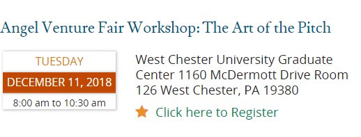 bftp_sep's tweet image. Save the date for i2n and West Chester University’s Cottrell Center’s Angel Venture Fair Workshop: The Art of the Pitch on December 11, 2018. Seats are limited, so register now! bit.ly/2PVY66w