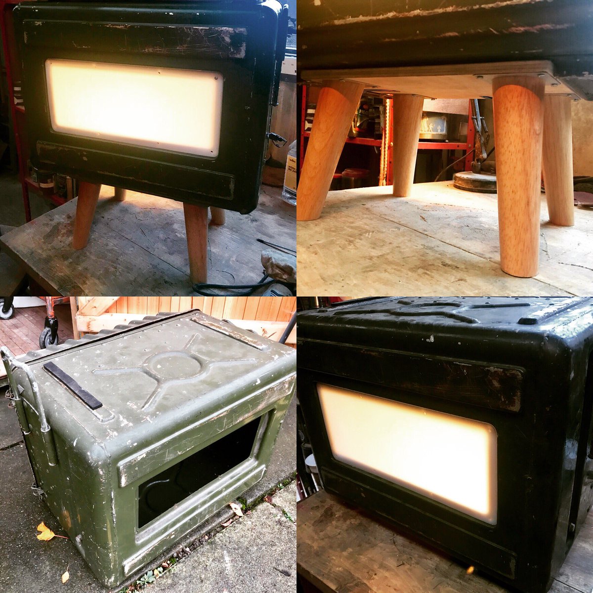 2016industrial's tweet photo. My job in between commissions. So today I’ve made some oak legs for the vintage military unit. 🤓 #UpcycledHour #workshop #woodworking #furniture #interiordesign #industrialdesign #Vintage #gintable https://t.co/BnS4V4v1CM