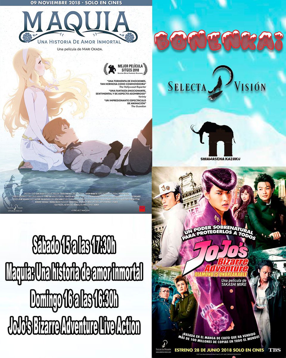 sk30815's tweet photo. Estás son las proyecciones de @SelectaVision que podréis disfrutar en Bonenkai: Maquia Una historia de amor inmortal y Jojo's Bizarre Adventure Action Live.

#Bonenkai #Anime #ActionLive #Maquia #JoJosBizarreAdventure #SelectaVision #Proyeccion #Cultura #Cine #Racons930 https://t.co/rAhuqILER4