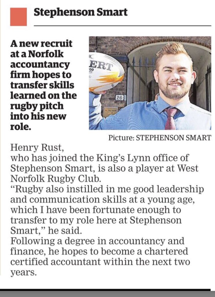 StephensonSmart's tweet image. Great write up in today’s @EDP24 about Henry Rust - the latest team member of our #KingsLynn office and also a member of @WestNorfolk_RFC 👍🏻🏈