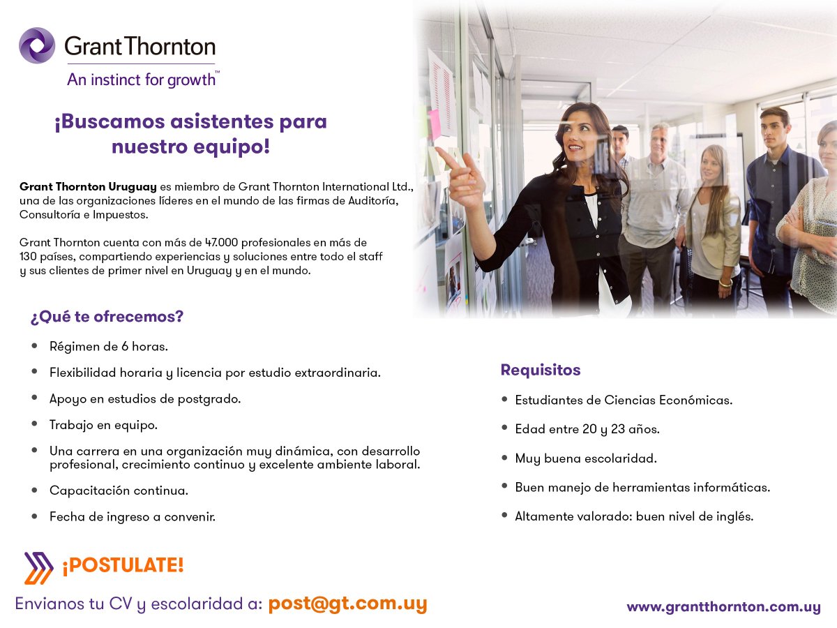 grantthorntonuy's tweet photo. ¿Sos estudiante de #CienciasEconómicas? ¡Buscamos Asistentes para sumarse a nuestro equipo! #GrantThorntonUY https://t.co/YBGMFlFYcc