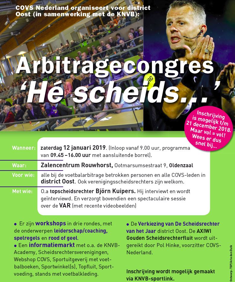 Voor iedere arbitrageliefhebber uit district Oost: arbitragecongres 12 januari in Oldenzaal. Inschrijven: knvb-digitaal.sportlink.com/activitydetail…