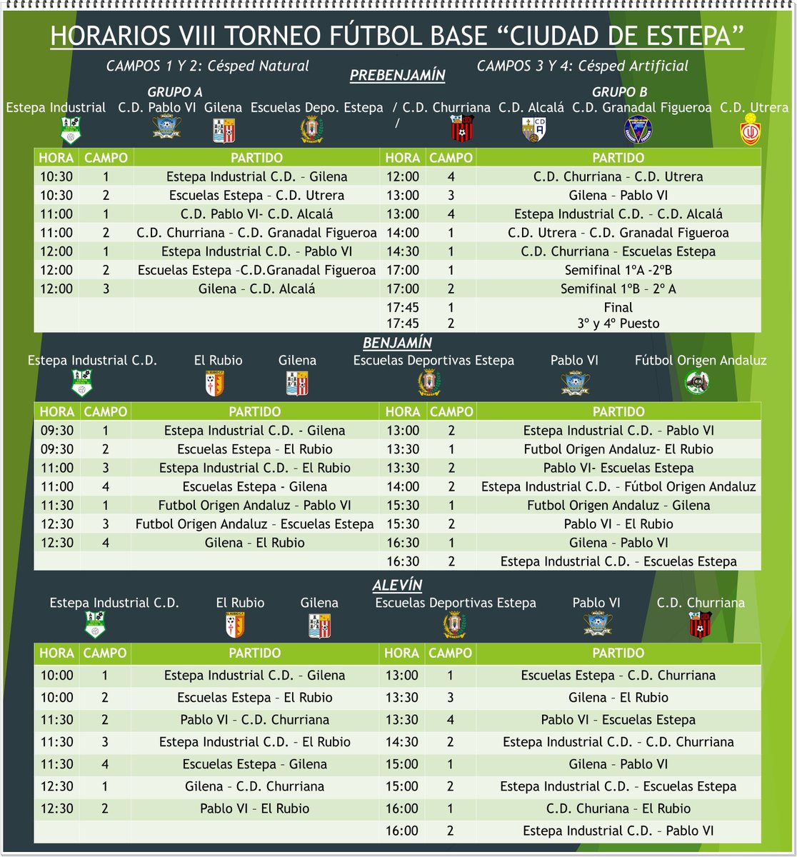 EstepaIND_CD's tweet photo. VIII TORNEO FÚTBOL BASE "CIUDAD DE ESTEPA"

Domingo 9 de Diciembre, un total de 4 provincias andaluzas representadas en nuestro torneo ¡Os esperamos!

@AytodeEstepa @visitaestepa @Estepanoticias @winettv @FutbolBase_PT  @basetorneos @IGP_Estepa https://t.co/0zrAt5b2xz
