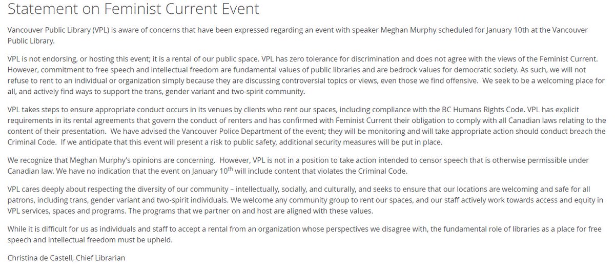 VPL's tweet image. Statement regarding Feminist Current Event

This is not a VPL endorsed event. It is a room rental. While we don’t agree with the views of Feminist Current, we are committed to upholding free speech and intellectual freedom.

Statement here: vpl.ca/statement-on-f…