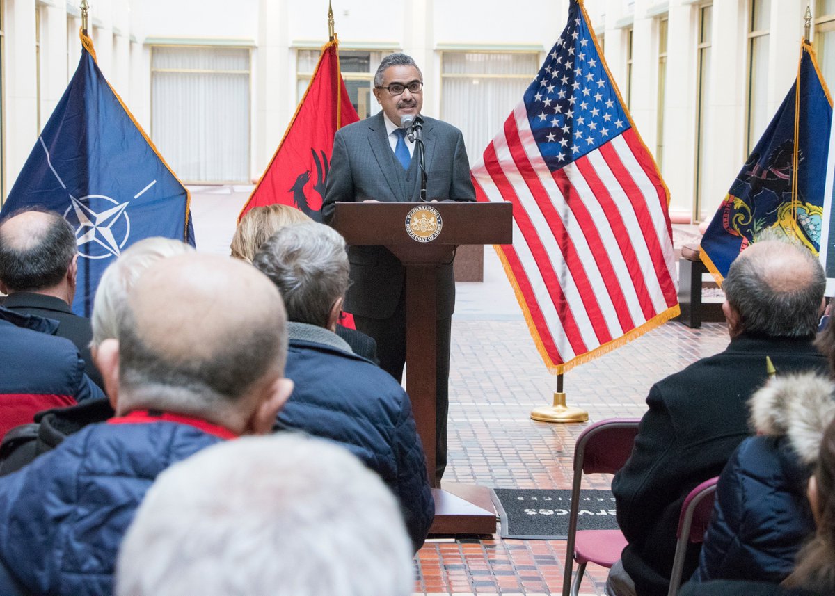 PAStateDept's tweet photo. Acting Secretary of State Robert Torres joined @PAAgriculture, @LTGovStack, Jimmy Daku, Peter Longstreth, and others at the Albanian Independence Day Ceremony today in the Capitol. https://t.co/3FvrYU02Ig