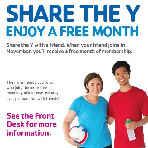 evfymca's tweet image. Y Members: There's still time to refer a friend and receive a free month of membership in November! Visit the Welcome Center for details. #ForABetterUs