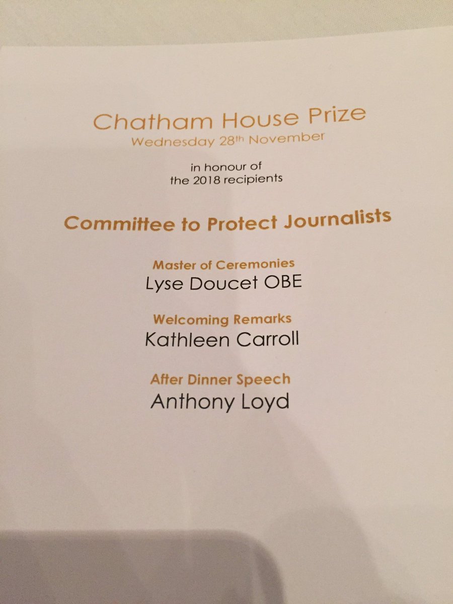 JaniceCharette's tweet image. Pleased to be at the @ChathamHouse dinner to honour the 
#CommitteetoProtectJournalists awarded this year’s prize for their contribution to international relations. Congratulations and thank you for the work you do which is essential to our democracies.