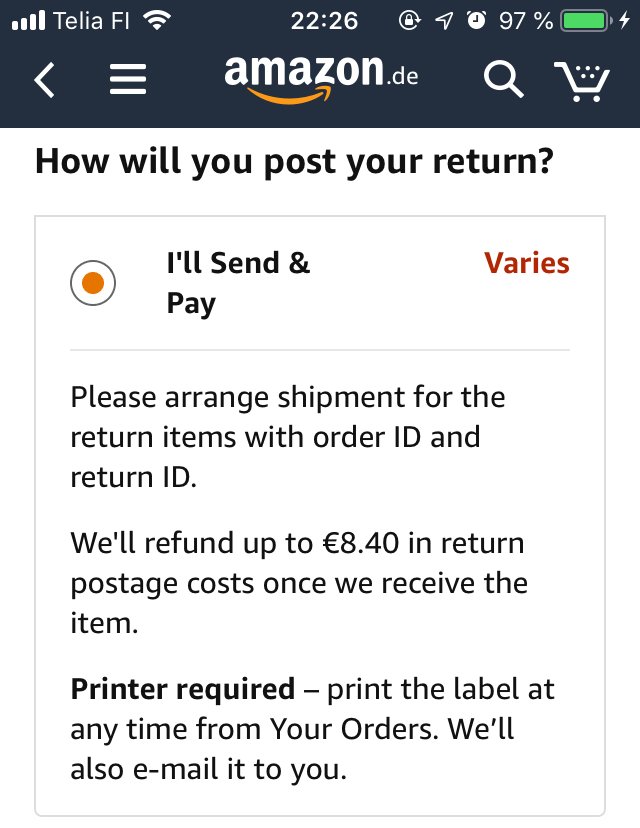 yllapitaja's tweet photo. @AmazonHelp Return instructions say you pay return postage up to 8.40€, but costs are 28.90€ (FI to GB, ordered from .de site). Warranty issue (DOA). What next? https://t.co/thNwnhB9BK