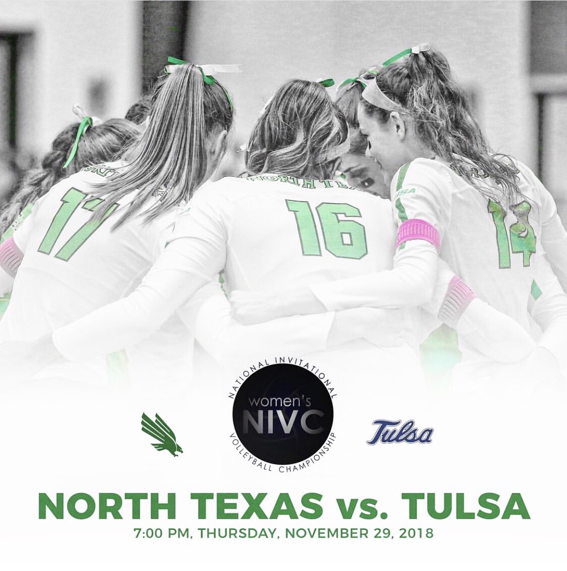 tximg's tweet image. The UNT @MeanGreenVB team has made post season, again! Come out and see some great college volleyball Thursday at 7pm, and cheer on UNT &amp;amp; #ImageALUM, Sarah Haeussler as they play Tulsa in the 1st round of the NIVC! #GMG #MGVB #NIVC