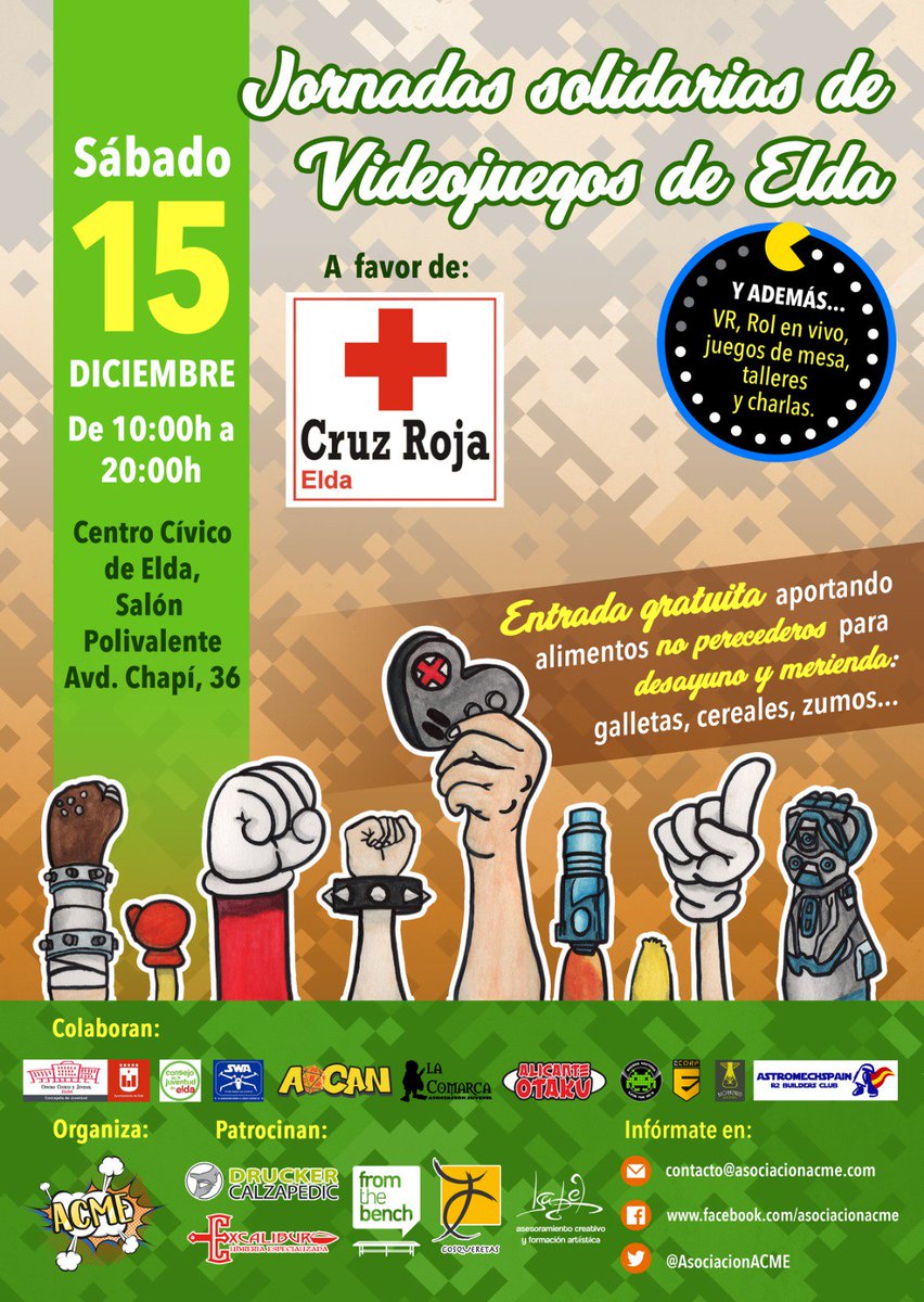 Un año más vuelven las jornadas solidarias de #videojuegos de #Elda.

Además en esta ocasión con juegos de mesa, charlas, talleres y realidad virtual.

Os esperamos el sábado 15 de diciembre!