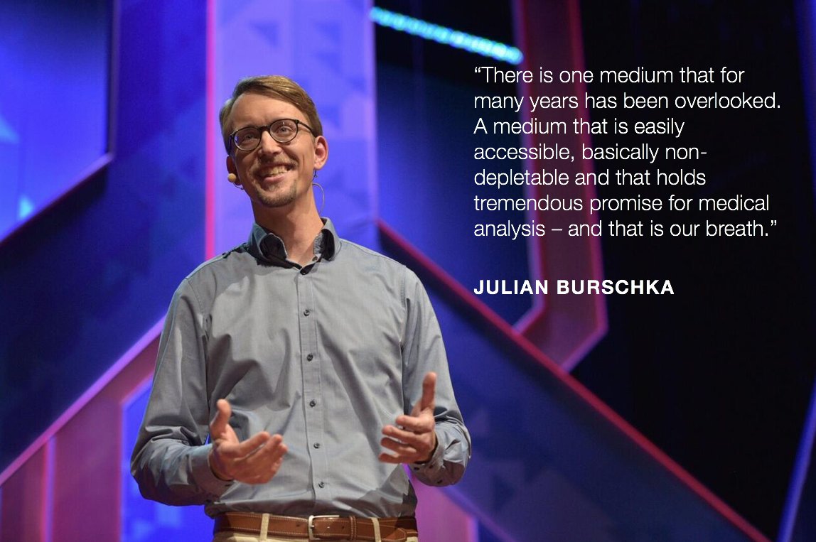 TEDpartners's tweet photo. Yesterday, our The Art of Possibility event with @merckgroup reminded us of the possibilities that lie in front of us - Technologist Julian Burschka explains how our exhaled breath can tell us more about our health than just our alcohol levels #TEDPossibility https://t.co/EphzALccyr