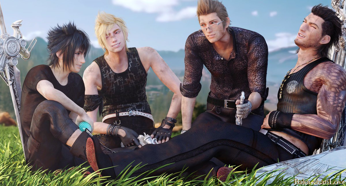 Noctis: Hey Spec.. Do you need this?
Ignis: No, I don't.
Noctis: ah.. your glasses are..
Ignis: I know.
Noctis: You look stupid.
Prompto: Just like you, Noct
Noctis: What?
Gladio: Oh my God.

Just bros being bros after a rough battle~
#FFXV #HBDFF15 #FF15発売2周年記念祭