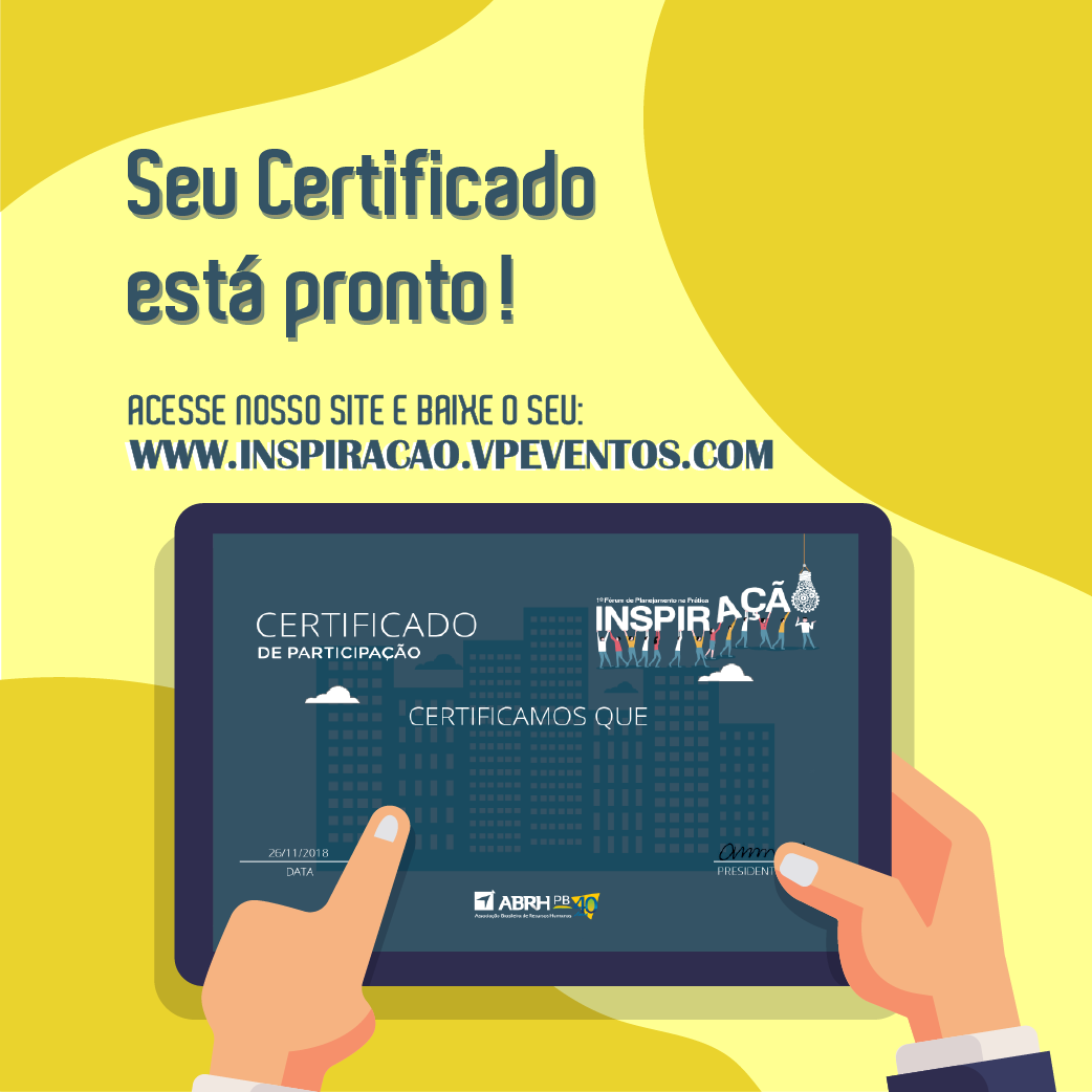 Não deu tempo nem sentir saudades do nosso Fórum, e os certificados já estão prontos! Acesse o site do evento, faça o seu login e procure pelo evento INSPIRAÇÃO. Pronto! É só baixar ou imprimir. Olha o link: inspiracao.vpeventos.com/painel/#/
