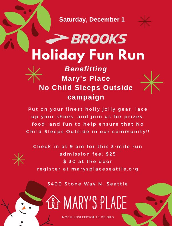MarysPlaceWA's tweet image. Get your Holly Jolly on and run with us this weekend to benefit our nochildsleepsoutside.org campaign! Register now for the @brooksrunning Holiday Fun Run and save $5!  bit.ly/2SlCr4t