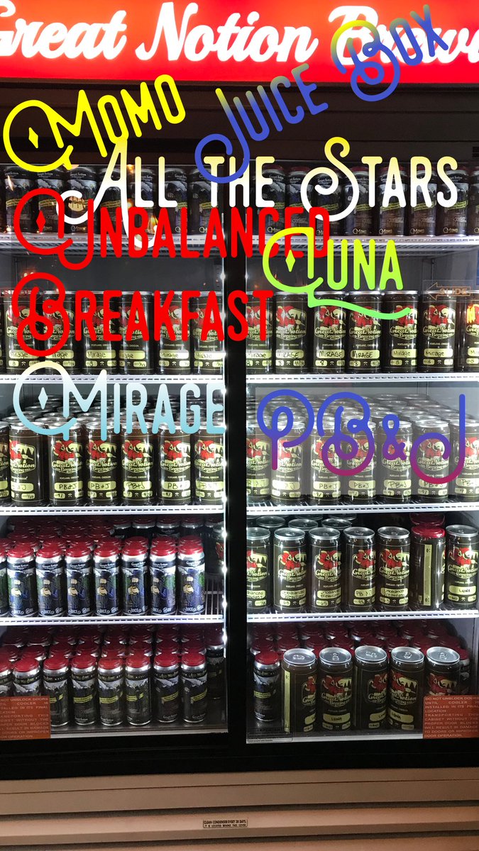 We have cans of Momo, Juice Box (both 2pp limit) and unlimited All The Stars! Then in crowlers we have Juice Box, Unbalanced Breakfast, Luna, Mirage and PB&amp;J! Come get it at the Alberta Great Notion today! #craftbeer #craftbeerhour #portland #portlandeats
