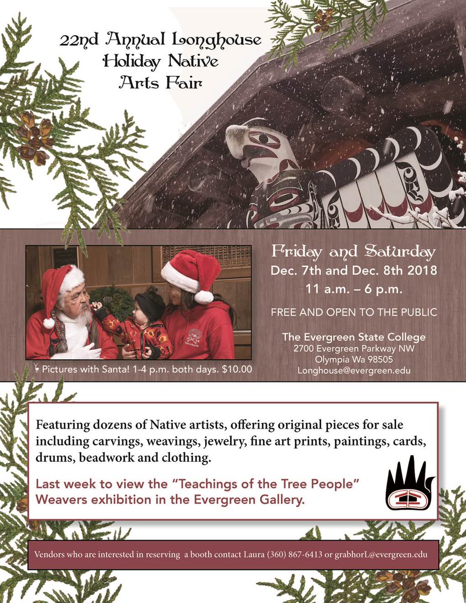 EvergreenStCol's tweet photo. Evergreen's 22nd annual Longhouse Holiday Native Arts Fair is coming up on December 7 and 8. This event will feature a plethora of Native artists showcasing carvings, jewelry, paintings, and more. It will take place from 11am-6pm on both days, and is free and open to the public. https://t.co/qXwP5dXHyj