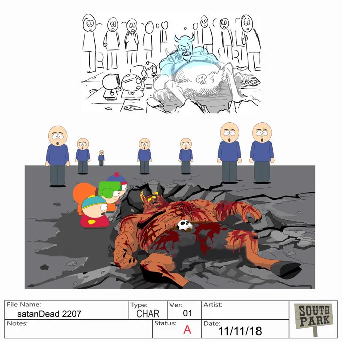 #BehindTheScenes Check out this production art from the Satan vs. ManBearPig fight. #SouthPark22 