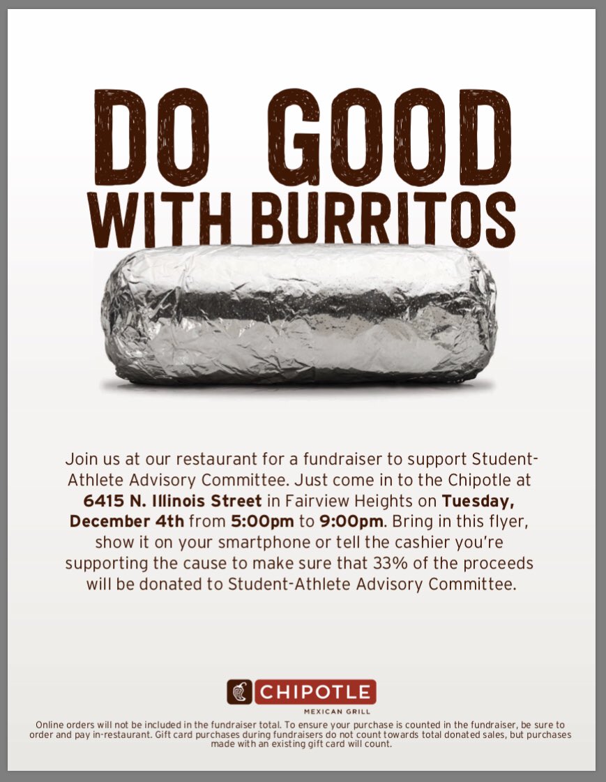 McKendreeSAAC's tweet photo. Come out and support the McKendree Student Athletic Advisory Committee next Tuesday at Chipotle! The fundraiser runs from 5-9. All you have to do is show them this flyer, and the proceeds will go to the Make-A-Wish foundation. https://t.co/6BZWTcR1el