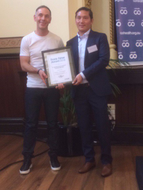 Congrats Tenzin Lobsang Khangsar, winner of the 6th annual Frank Fisher Award at @cohealth_au yesterday! Presented by <a href="/timmyfish/">Tim Fisher</a> on the 75th anniversary of Frank's birth. Well done also to Carol, Fran &amp; Dieu as the other brilliant nominees. rescopeproject.org.au/frank-fisher-a… #inspiring