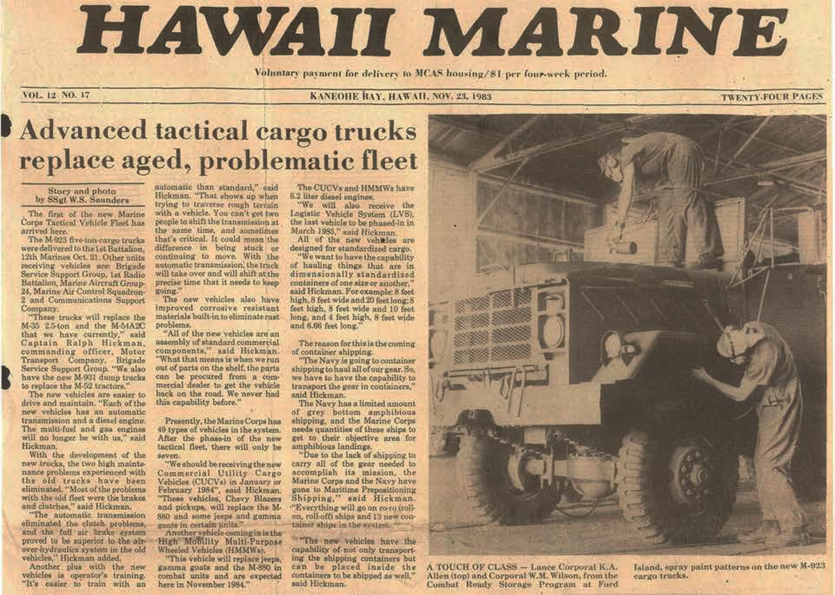 MCB_Hawaii's tweet photo. Arrival of the 5-tons
This week on #WayBackWednesday, in 1983, Marine Corps Air Station Kaneohe Bay received a new fleet of M939 Trucks to replace the previous heavy lift vehicles.
#Marines #M939 #MCAS #KaneoheBay #5tons #HeavyLift https://t.co/ZDg8ekjSil