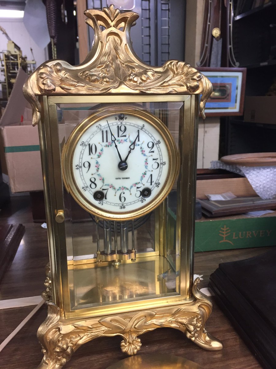 JordanClocks's tweet image. Here’s three wonderful examples of the crystal regular clock in the shop. A Seth Thomas a Ansonia and a beautiful French ornate piece.