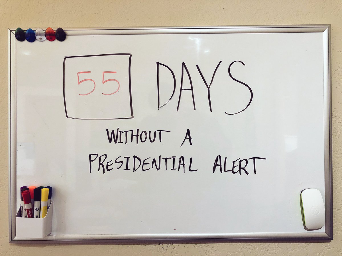 POTUS_ALERT's tweet photo. Number of days without a Presidential Alert: 55 #presidentialalert https://t.co/EU2EDEoU9n