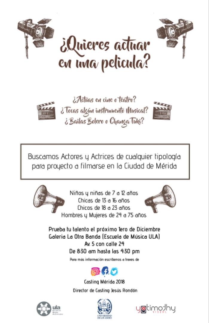castingmerida18's tweet image. La EMA te invita al Casting Merida 2018. Buscamos actores de cualquier edad y de cualquier tipologia. Te esperamos el 1 de Diciembre en la Escuela de Musica de la Universidad de Los Andes (CUDA). De 8:30 a 4:00. APOYA EL CINE VENEZOLANO!!!!. @leoperiodista @pedrorivas01