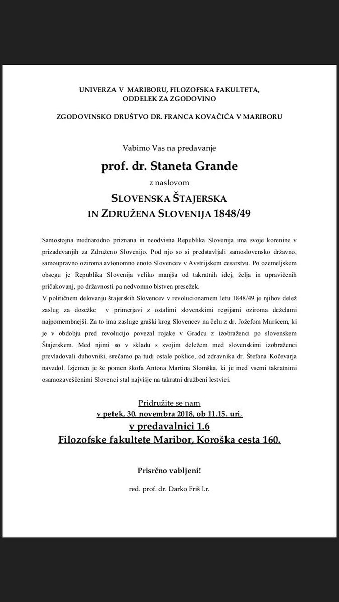 ZSekcija's tweet photo. Vljudno vabljeni na predavanje dr. Staneta Grande z naslovom Slovenska Štajerska in združena Slovenija 1848/49. Predavanje bo v petek, 30.11 ob 11.15 uri v predavalnici 1.6 Filozofske fakultete Maribor. #zgodovinskasekcija #zgodovina #history #Slovenija #stanegranda https://t.co/7r2J2NALnU