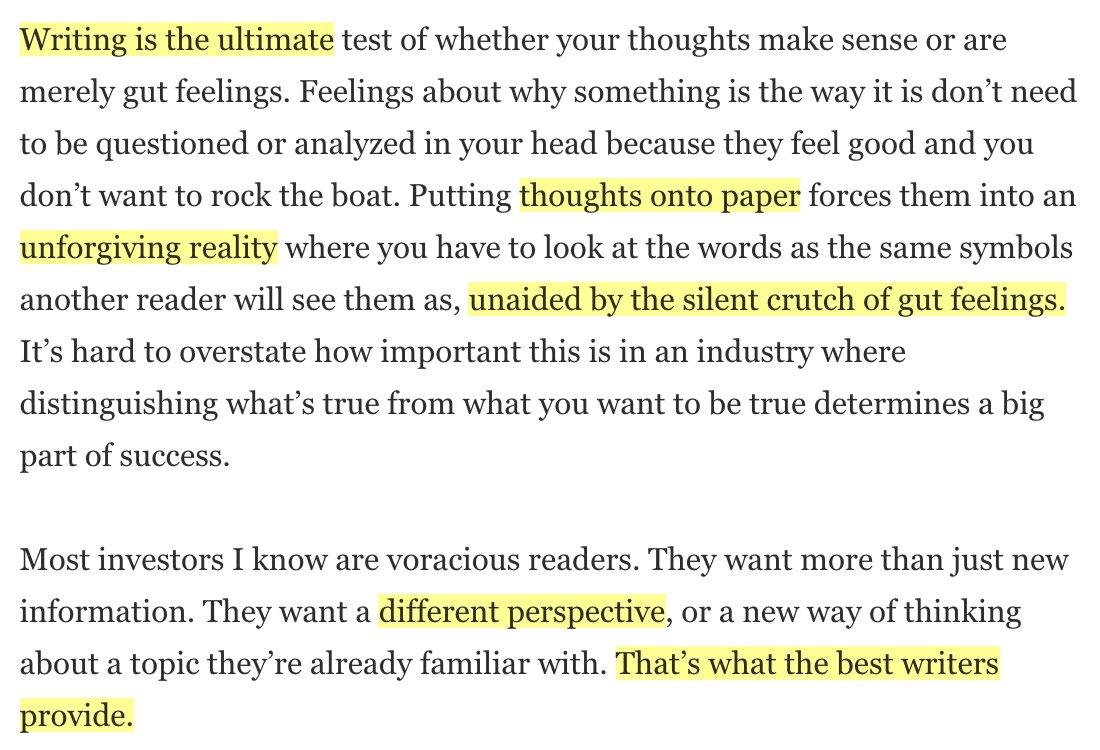 Few exercises help clarify your thoughts better than writing.Transferring vague feelings into words leads to clarity and surprising insights."You’ll be amazed at how much you can learn by writing things down, even if no one but you reads them."-  @MorganHousel