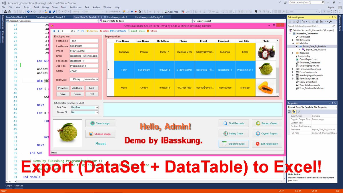 IBasskung's tweet image. 🎥 Visual Basic .Net (VB .Net Premium) : How to Export Data (DataSet + DataTable) to Excel Spreadsheet Part 2.
➜ youtu.be/Gfa1spzKb8g
.
💯 THANK YOU SO MUCH! 💯
.
#CodeAMinute #iBasskungTutorial #iBasskungProgrammingTutor #VBNet #VisualBasic .Net #VisualCSharp #CSharp