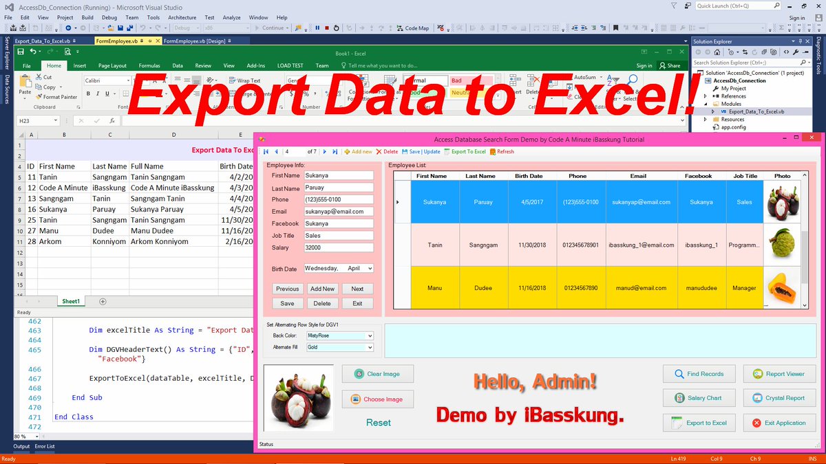 IBasskung's tweet image. 🎥 Visual Basic .Net (VB .Net 2015 Premium) : How to Export Data (DataSet + DataTable) to Excel Spreadsheet Part 3/3.
➜ youtu.be/BhxjNgutiOM
.
💯 THANK YOU SO MUCH! 💯
.
#CodeAMinute #iBasskungTutorial #iBasskungProgrammingTutor #VBNet #VisualBasic .Net #VisualCSharp #CSharp