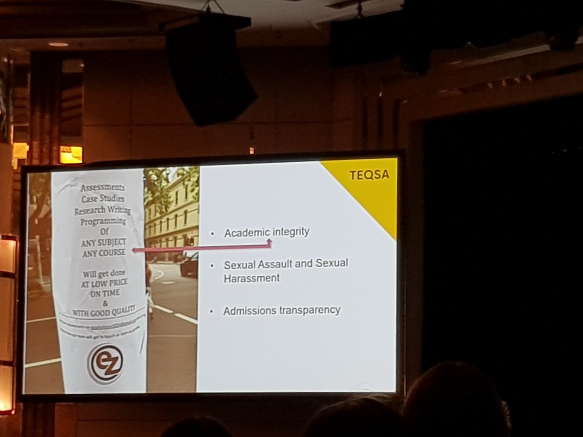 ValeriaHigherEd's tweet photo. Great sense of humour combined with serious determination to face facts and risks - @AnthonyMcClaran shows a pic of contract-cheating ad in his #TEQSA2018 presentation while emphasising TEQSA's ongoing investment into #academicintegrity standards https://t.co/2IYs8exmRD