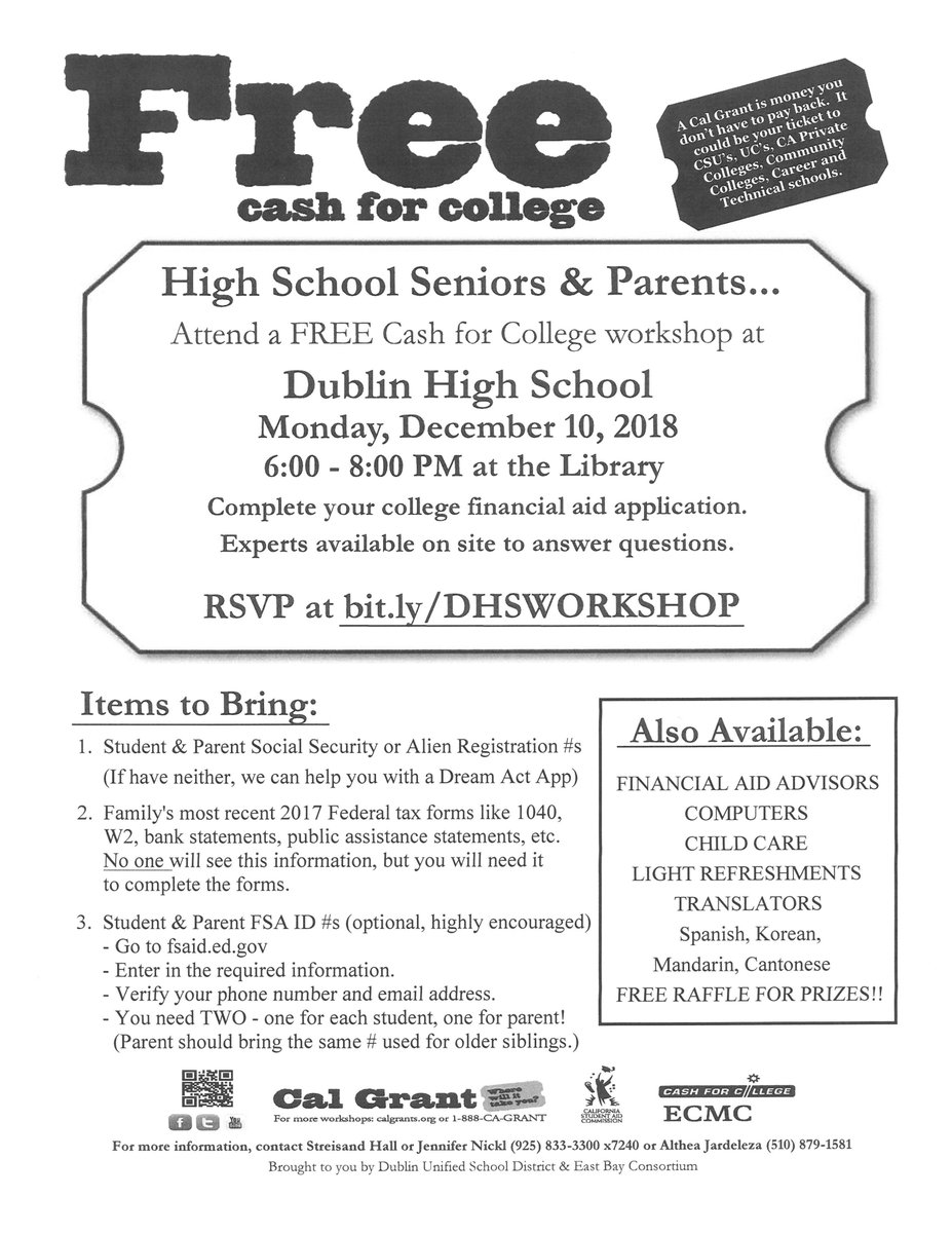 DublinHS_CCC's tweet photo. Free Cash for College Workshop! 12/10/18 from 6-8pm in the DHS Library. Don't miss out! https://t.co/SIfJfcHWPS