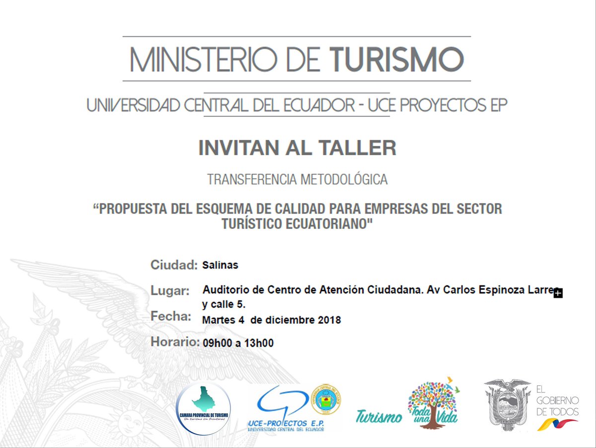 Se invita a todos los empresarios de turismo de la provincia de Santa Elena, a este taller.