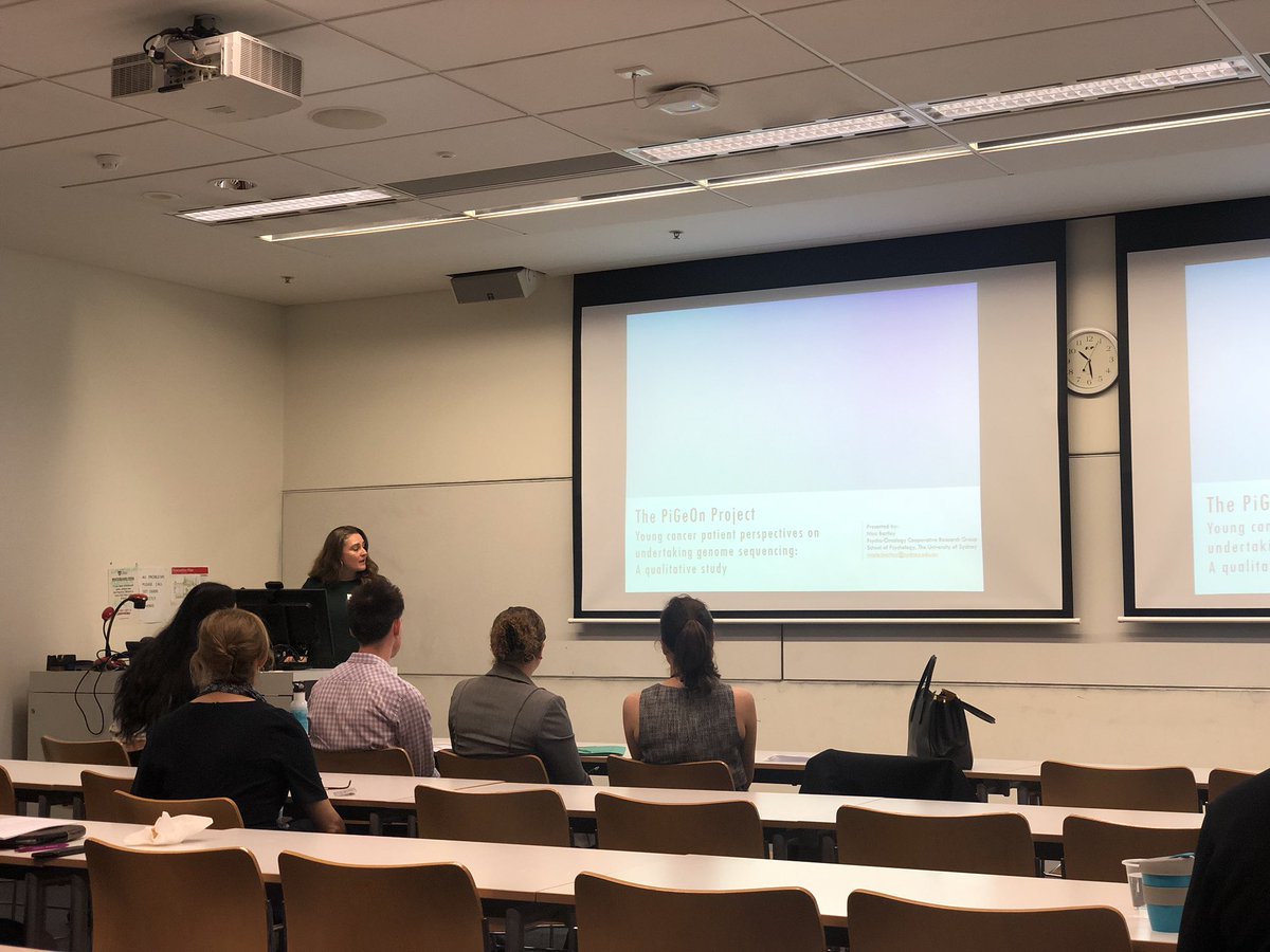 chindhushun's tweet photo. Nicci Bartley of @POCOG1 @USydFHS presenting her qualitative work on young cancer patient perspectives on undertaking whole genome sequencing at #CRN Postgradsymposium. @hagsie #PiGeOnproject https://t.co/rErGdFRV2x