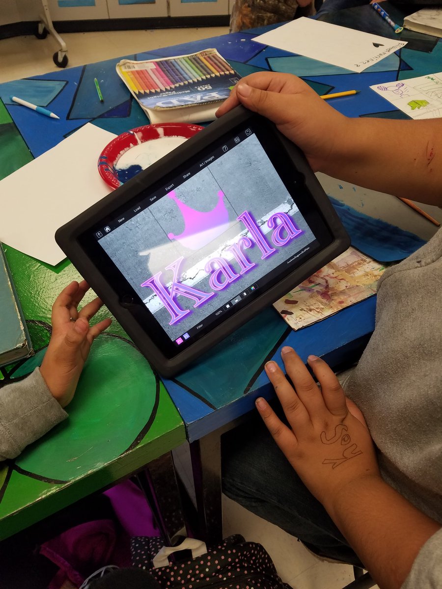 karen4209's tweet photo. Creating digital graffiti, then turning it into real art! #problemsolving #ipadsrock #wmsstampede #tlap https://t.co/3Vr7S0wOBZ