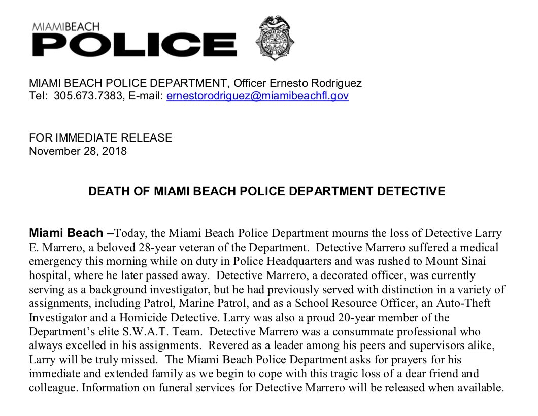 Miami Beach Police (@miamibeachpd) on Twitter photo Today, the Miami Beach Police Department and <a href="/MiamiBeachFOP/">Miami Beach FOP</a> mourns the loss of Detective Larry E. Marrero, a beloved 28-year veteran of the Department. ⚫️🔵⚫️ Today, the Miami Beach Police Department and <a href="/MiamiBeachFOP/">Miami Beach FOP</a> mourns the loss of Detective Larry E. Marrero, a beloved 28-year veteran of the Department. ⚫️🔵⚫️