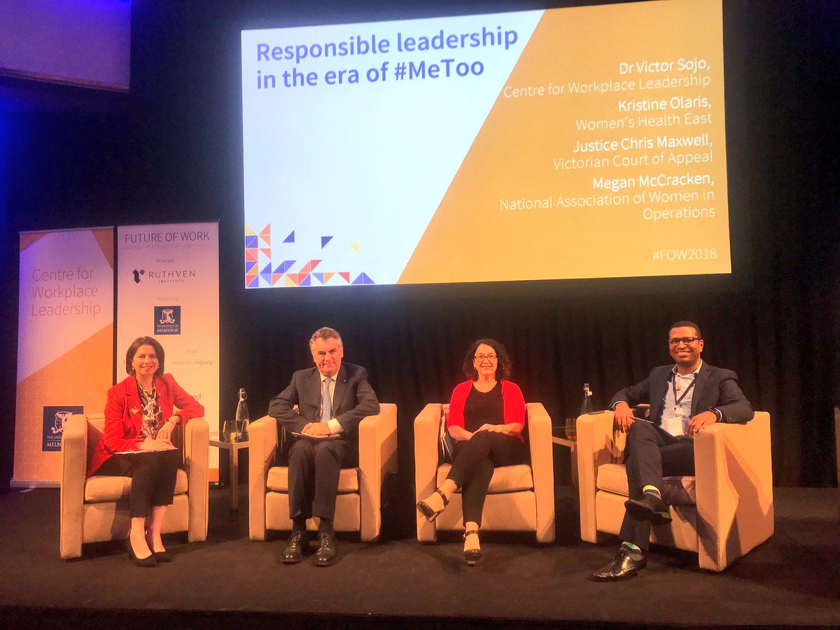 leadingatwork's tweet photo. The next panel we’re Tweeting from is on responsible leadership in the era of #MeToo - lead by our very own Dr @victorsojo and featuring @bmacmc @kristineolaris and Justice Chris Maxwell #FoW2018 https://t.co/CfllrbeBnl